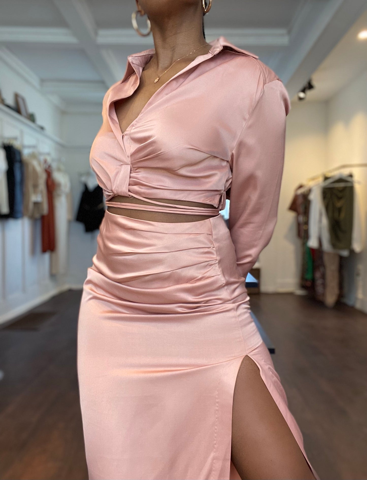 Maui Satin Wrap Front Tie Waist Top