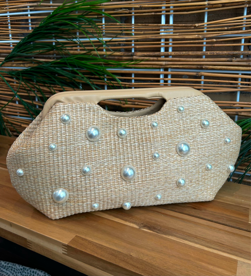 Pearl Straw Wood Clutch