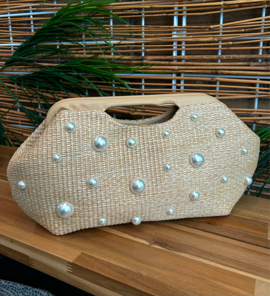 Pearl Straw Wood Clutch