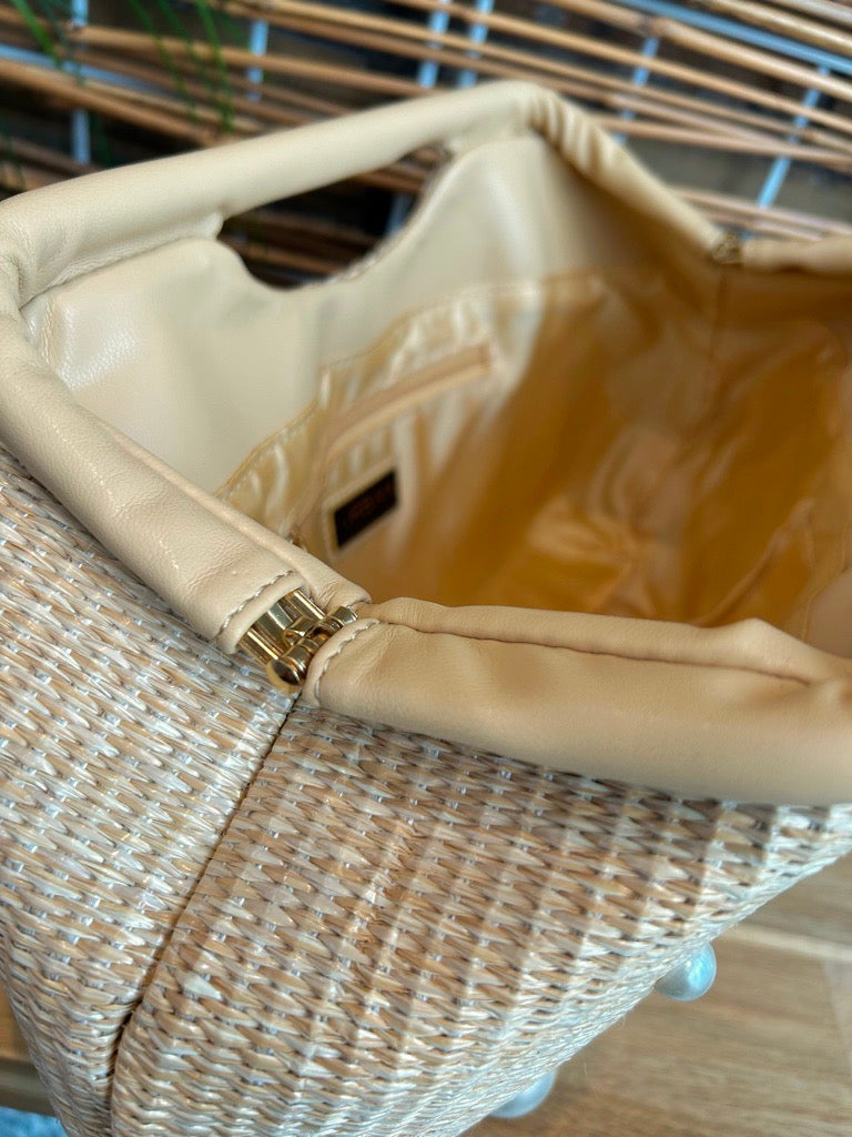 Pearl Straw Wood Clutch