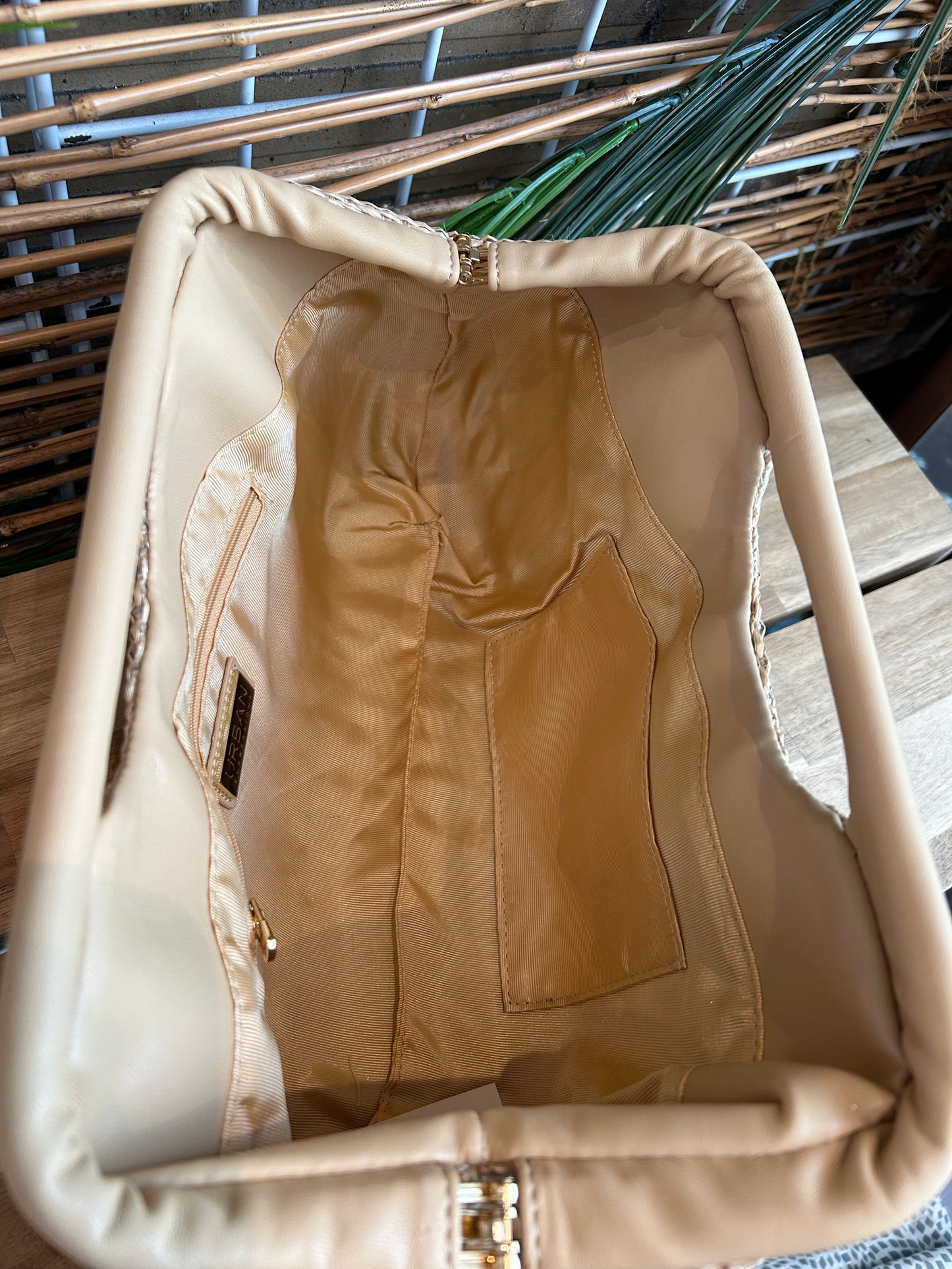 Pearl Straw Wood Clutch