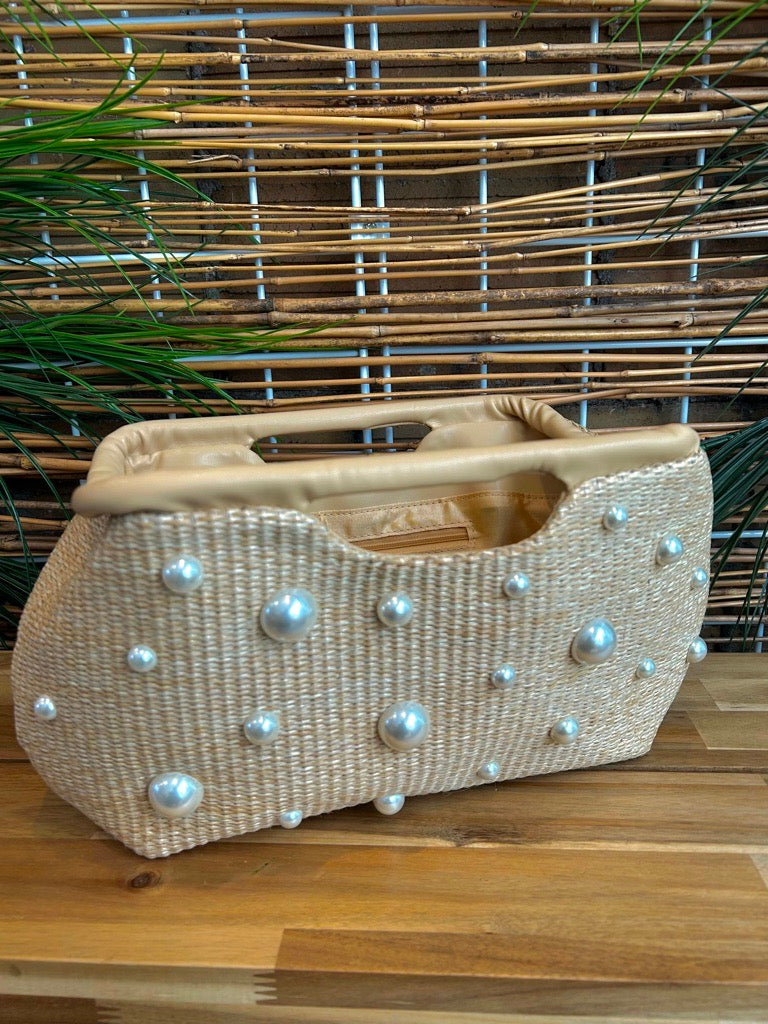 Pearl Straw Wood Clutch