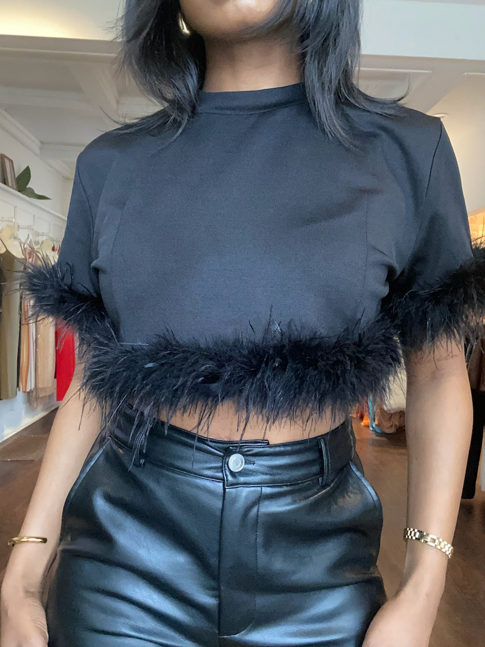 Cher Black Feather Crop Top