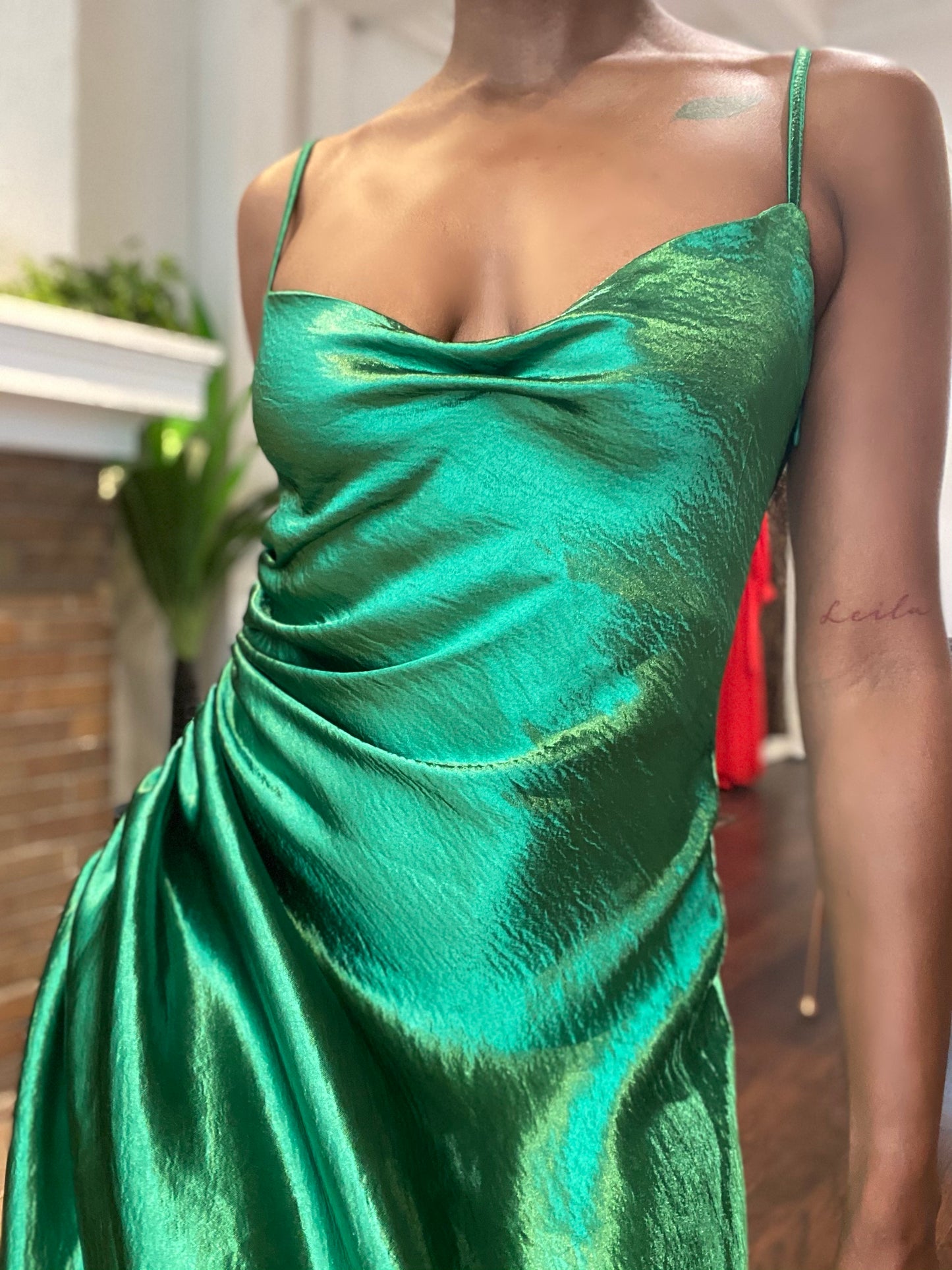 Emerald Satin Slit Dress