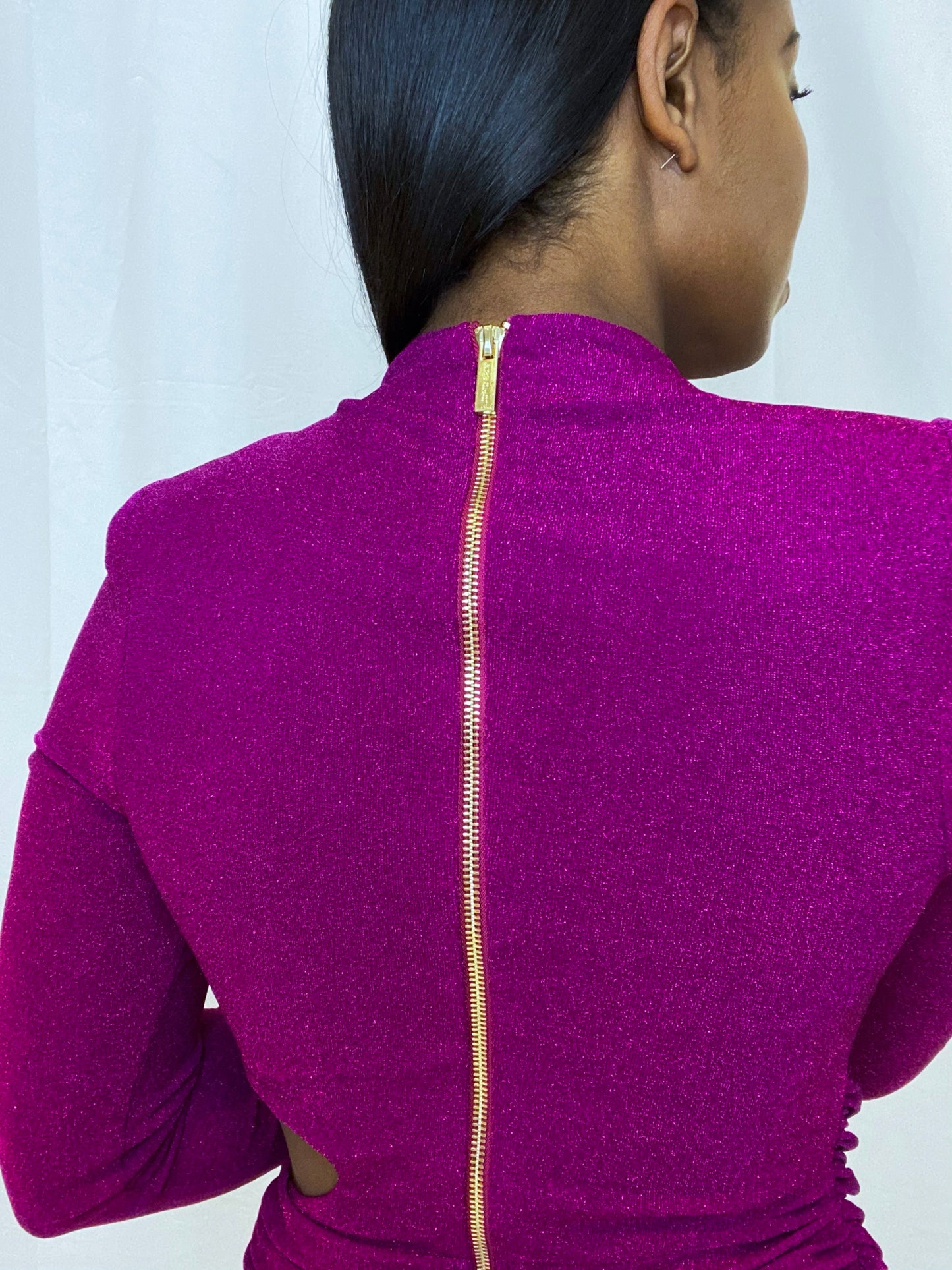 Tracee Magenta Pink Metallic Long Sleeve Cutout Dress