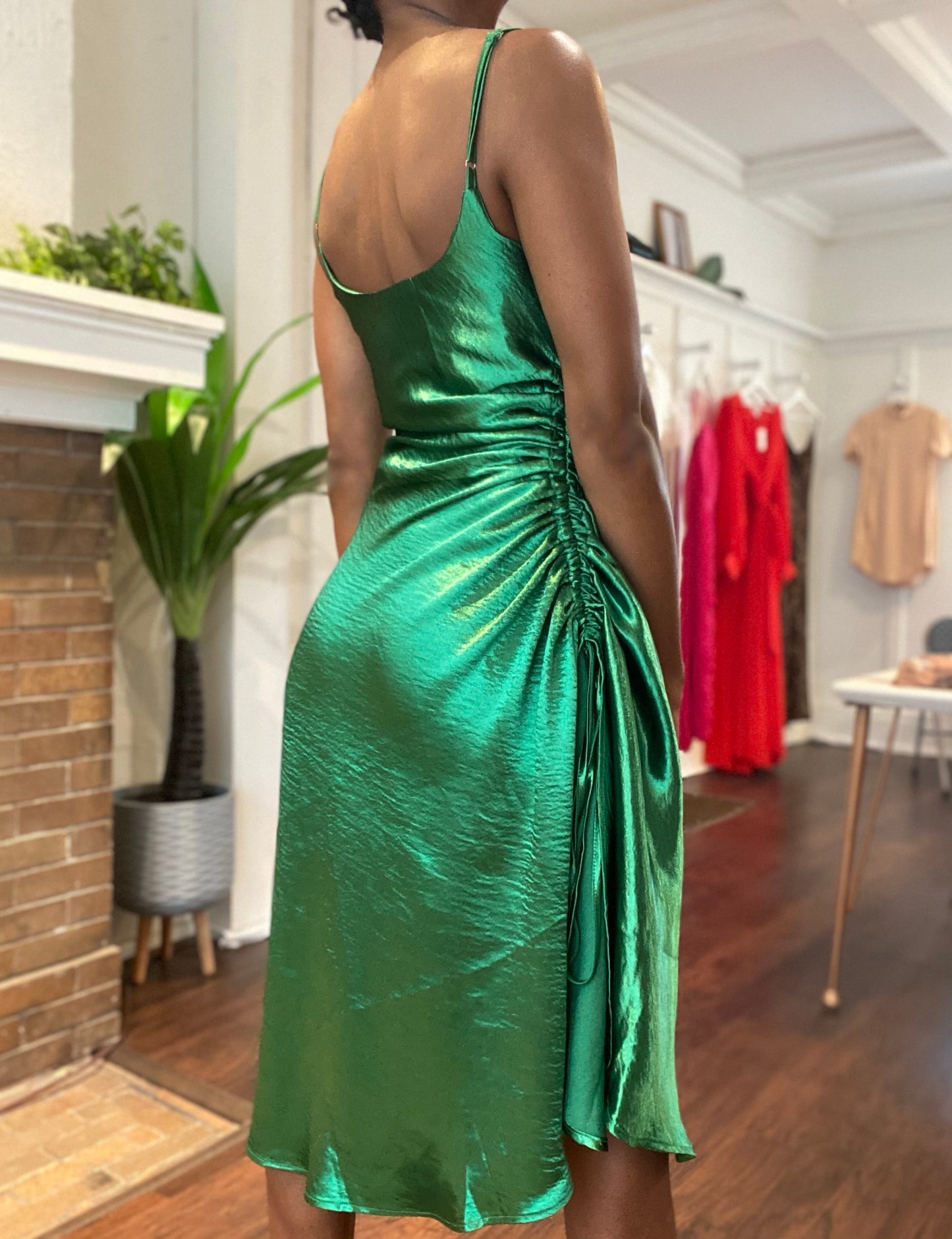 Emerald Satin Slit Dress