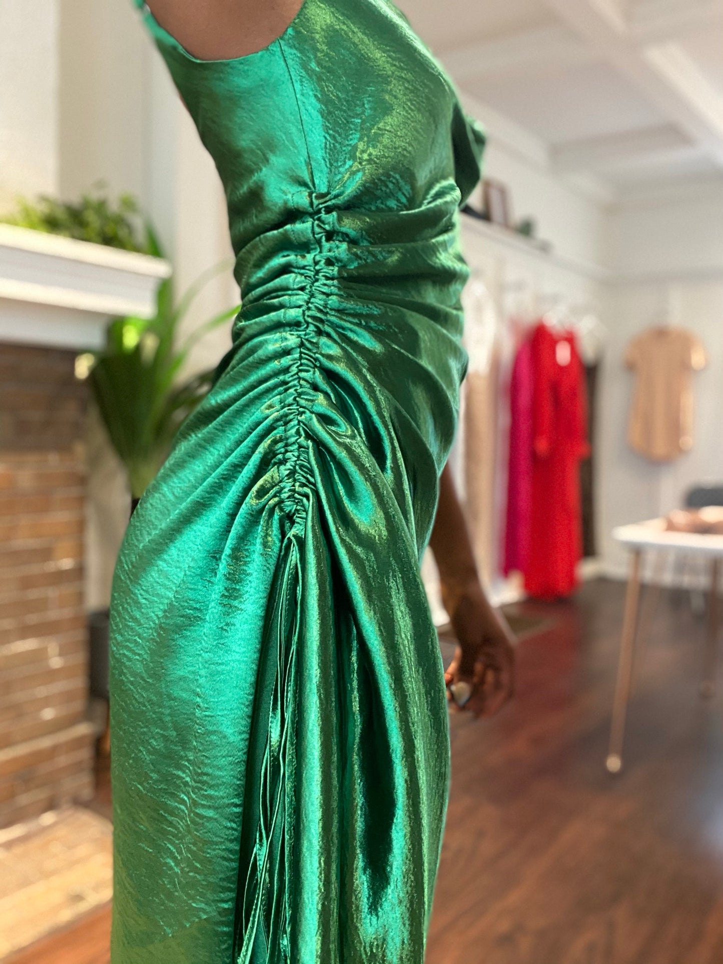 Emerald Satin Slit Dress